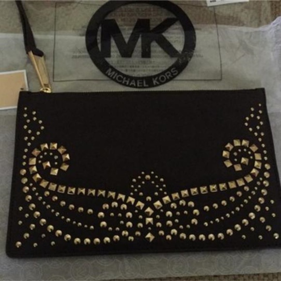 NWT Michael Kors Large Rhea Studded Lg Zip Clutch Dark Chocolate Almost Black - Picture 2 of 7